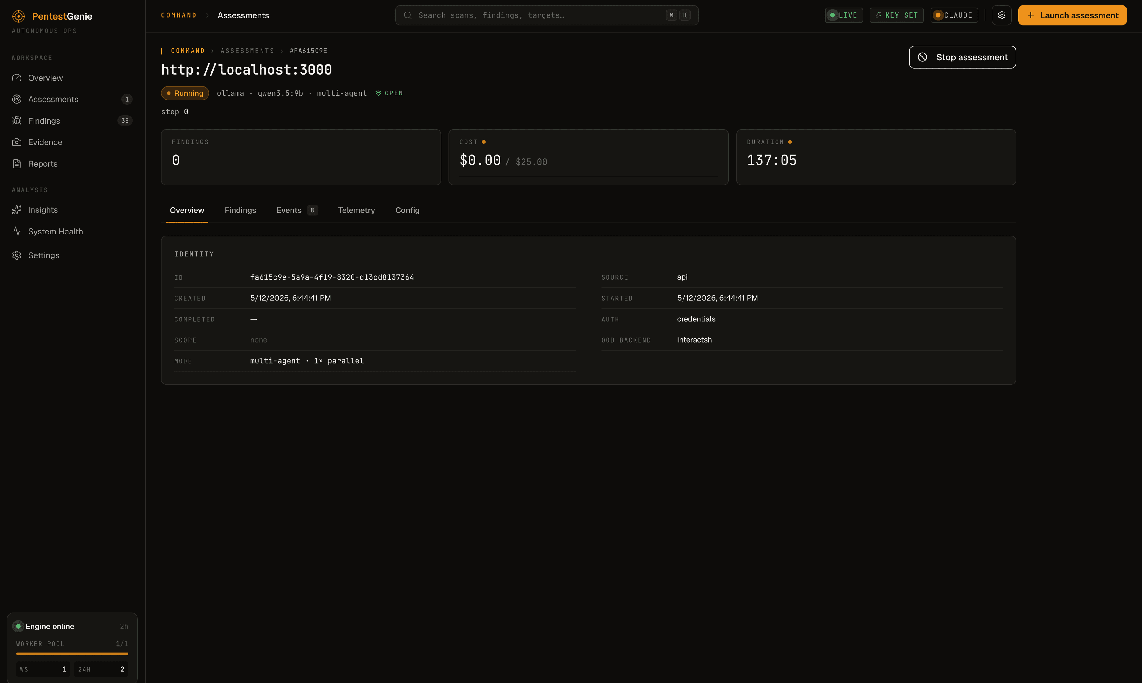 Pentest Genie active scan — running multi-agent assessment with cost budget, duration, and live status